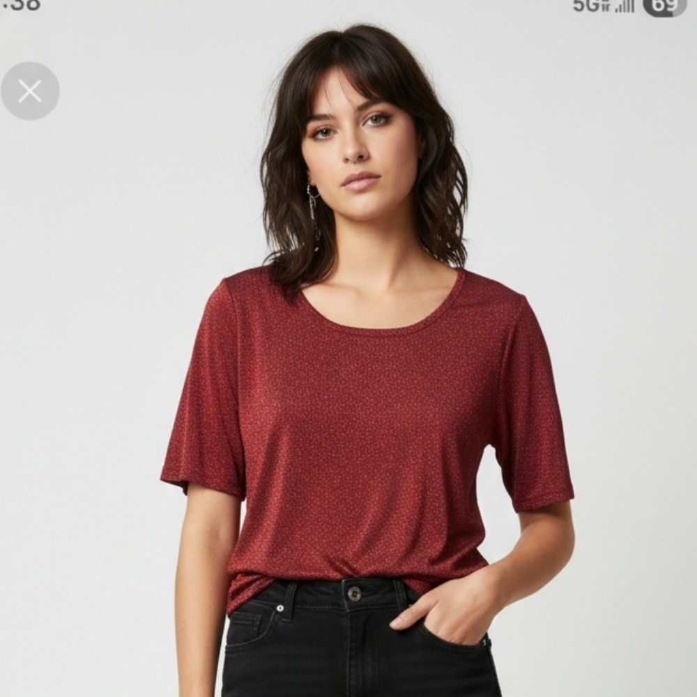 Patchington Tee Blouse Knit Red Metallic Silk Blend Glam Bling Layering L